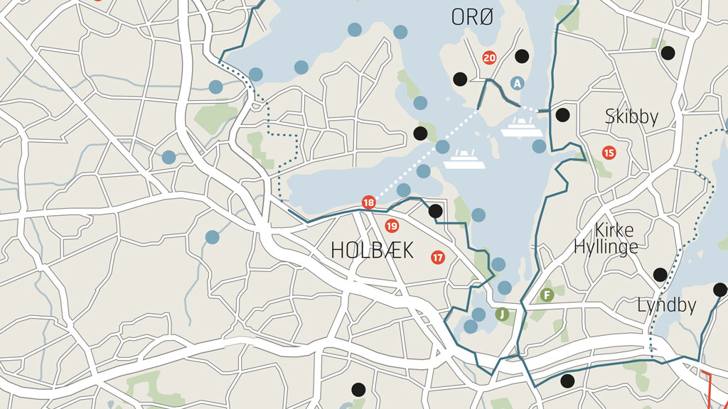 Kort over Fjordstien cykelruten med ø-hop til Orø