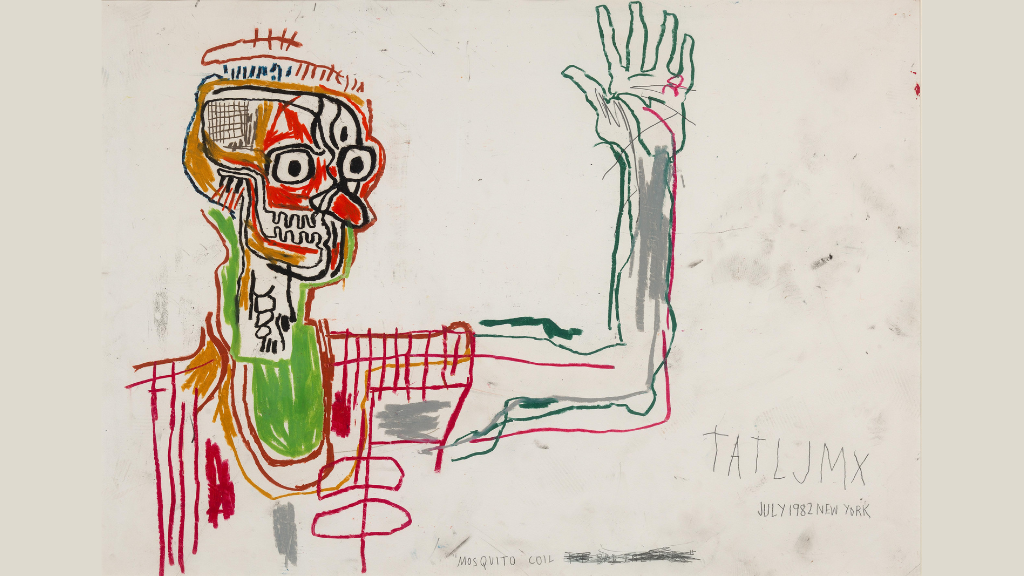 Basquiat drawing of a person in red and green colours.