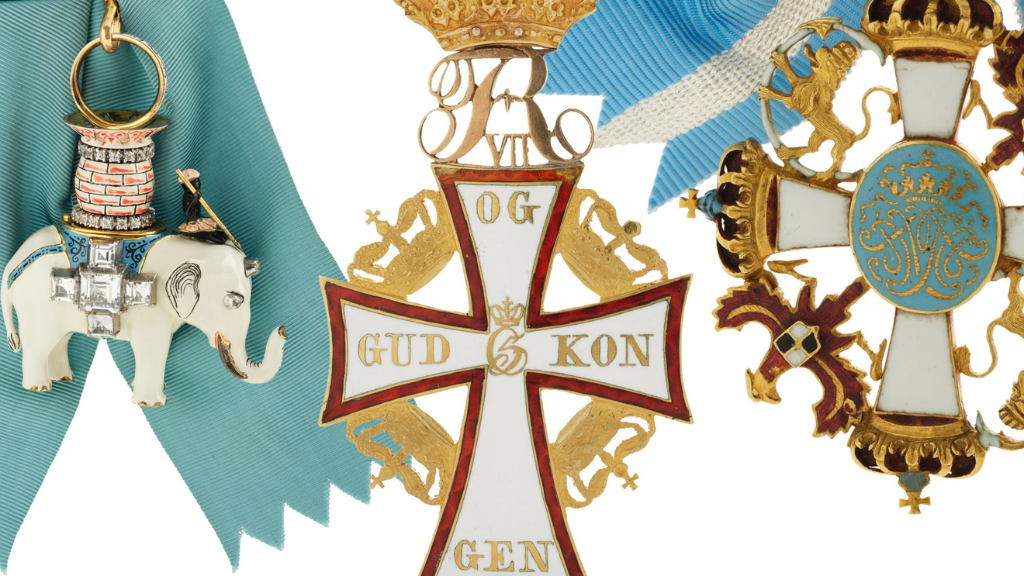 Tre ordener med bla. elefantordenen