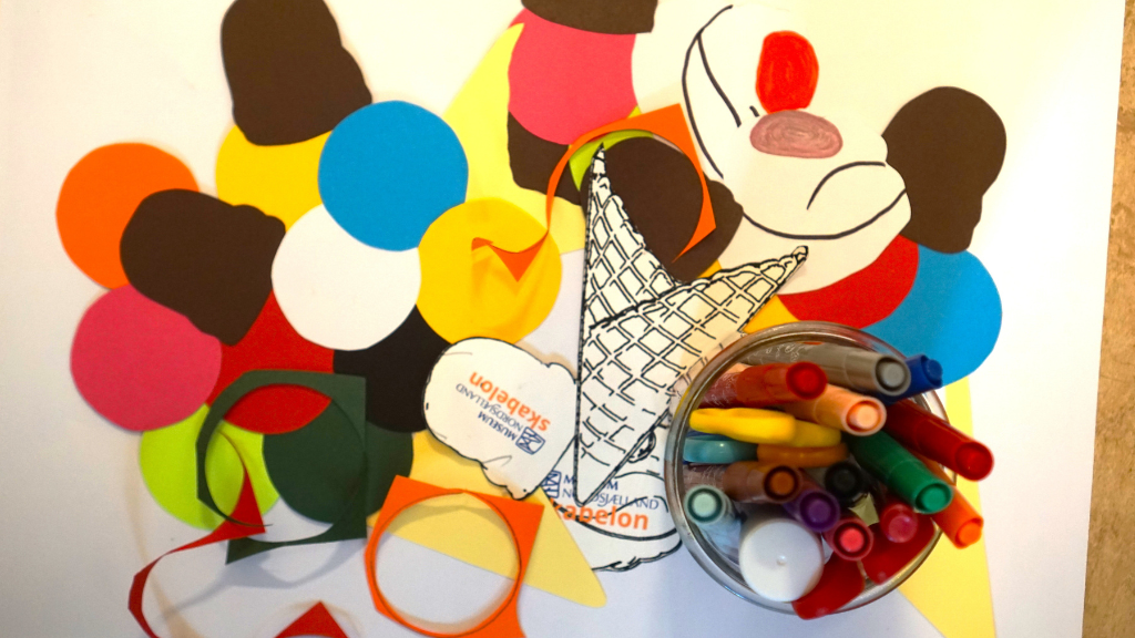 Drawing and cut-outs of ice cream and waffle