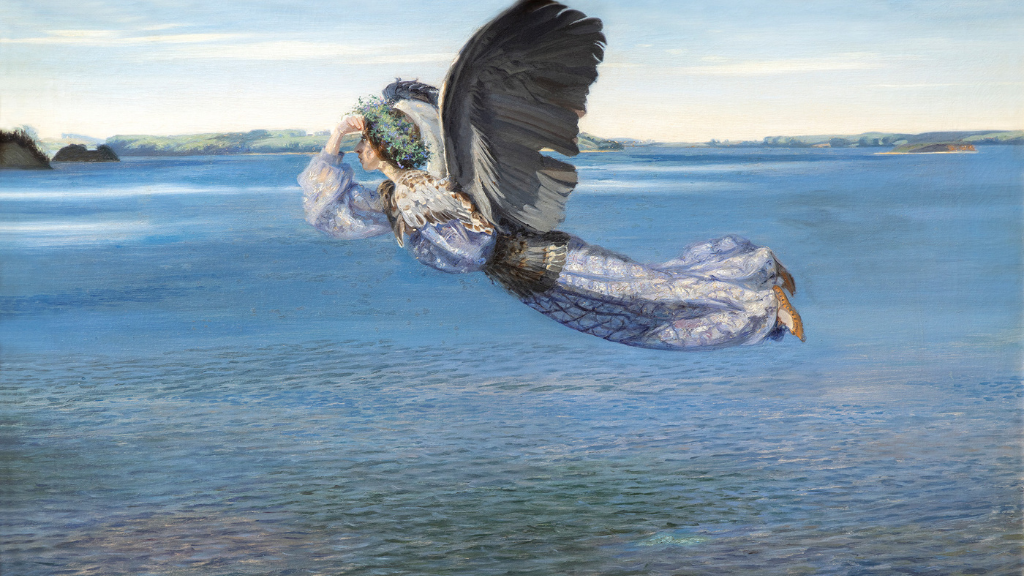 Maleri af kvinde med vinger, der flyver