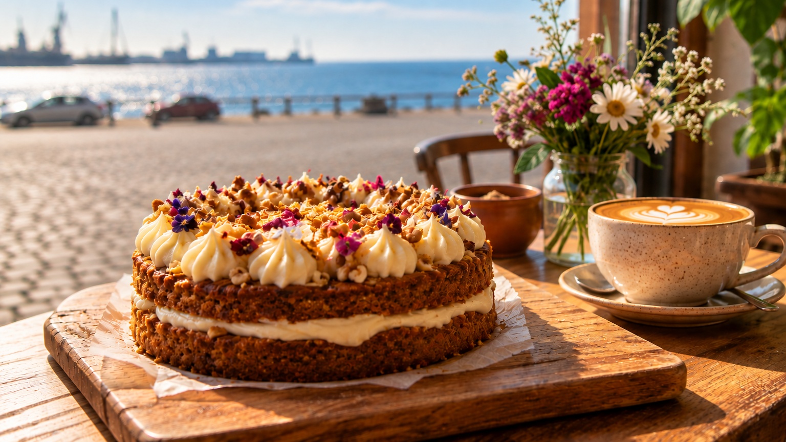 Kuchen und Kaffee am Meer