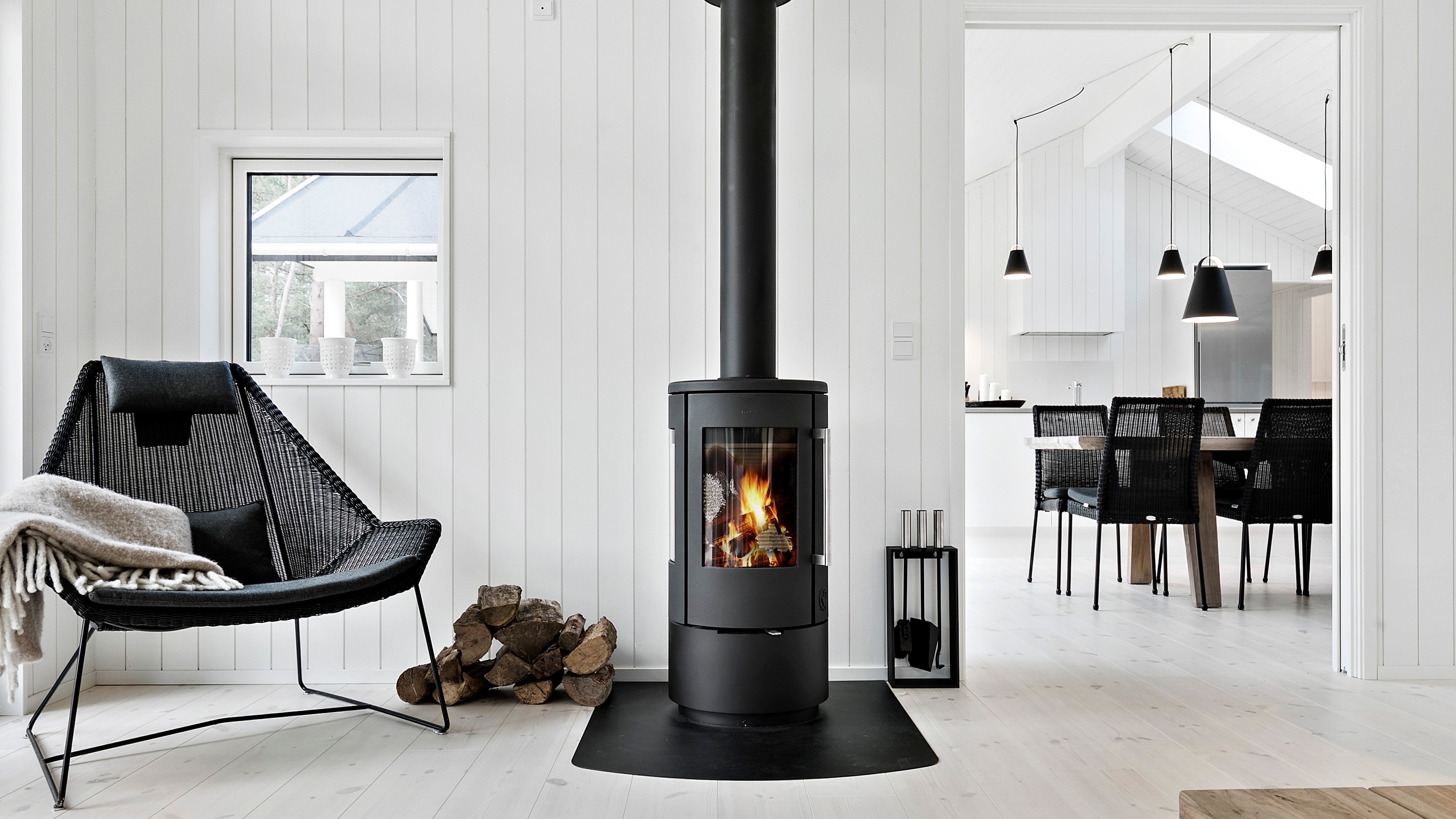 Bright lounge, wood stove
