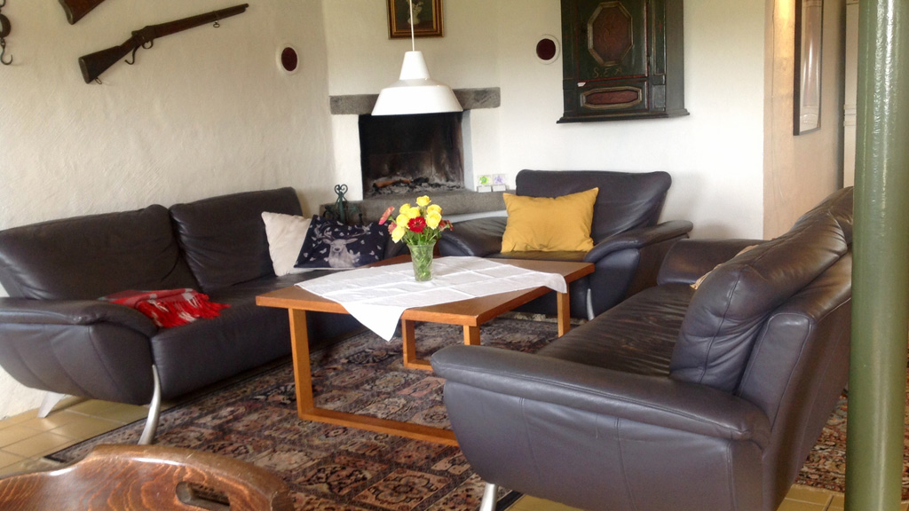 Kærgården Zimmer Wohnzimmer mit Feuerstätte
