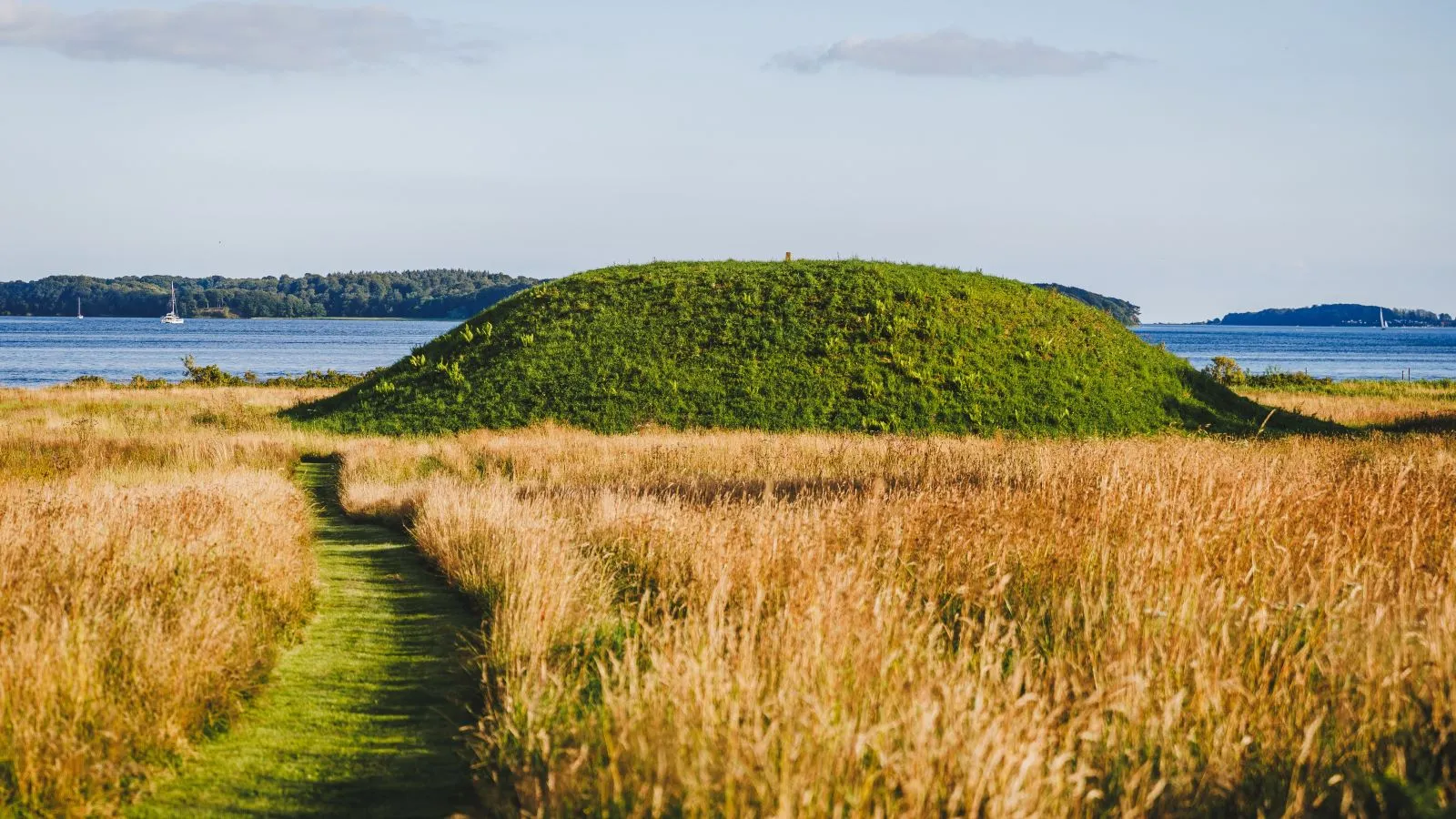 Hagenør Castle Hill in sunshine. In the foreground, there is a field path that runs through a field. In the background, the Little Belt can be seen.