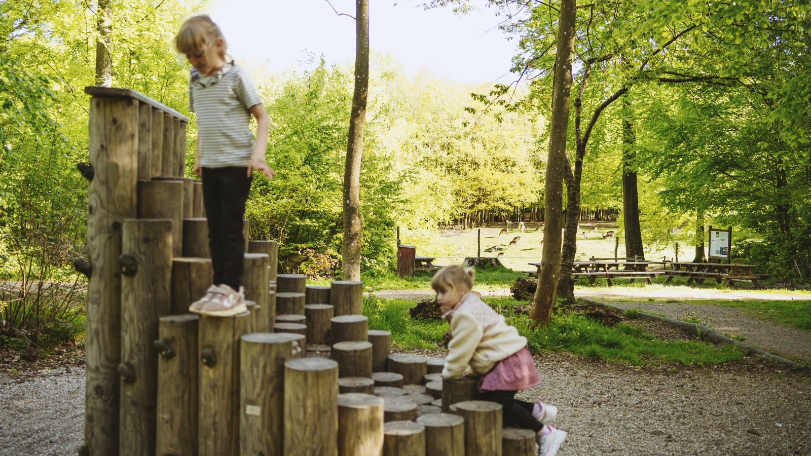 Familie spielt auf einem Naturspielplatz im Fuglsang Skov