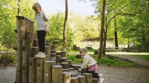 Familie leger på naturlegeplads i Fuglsang Skov