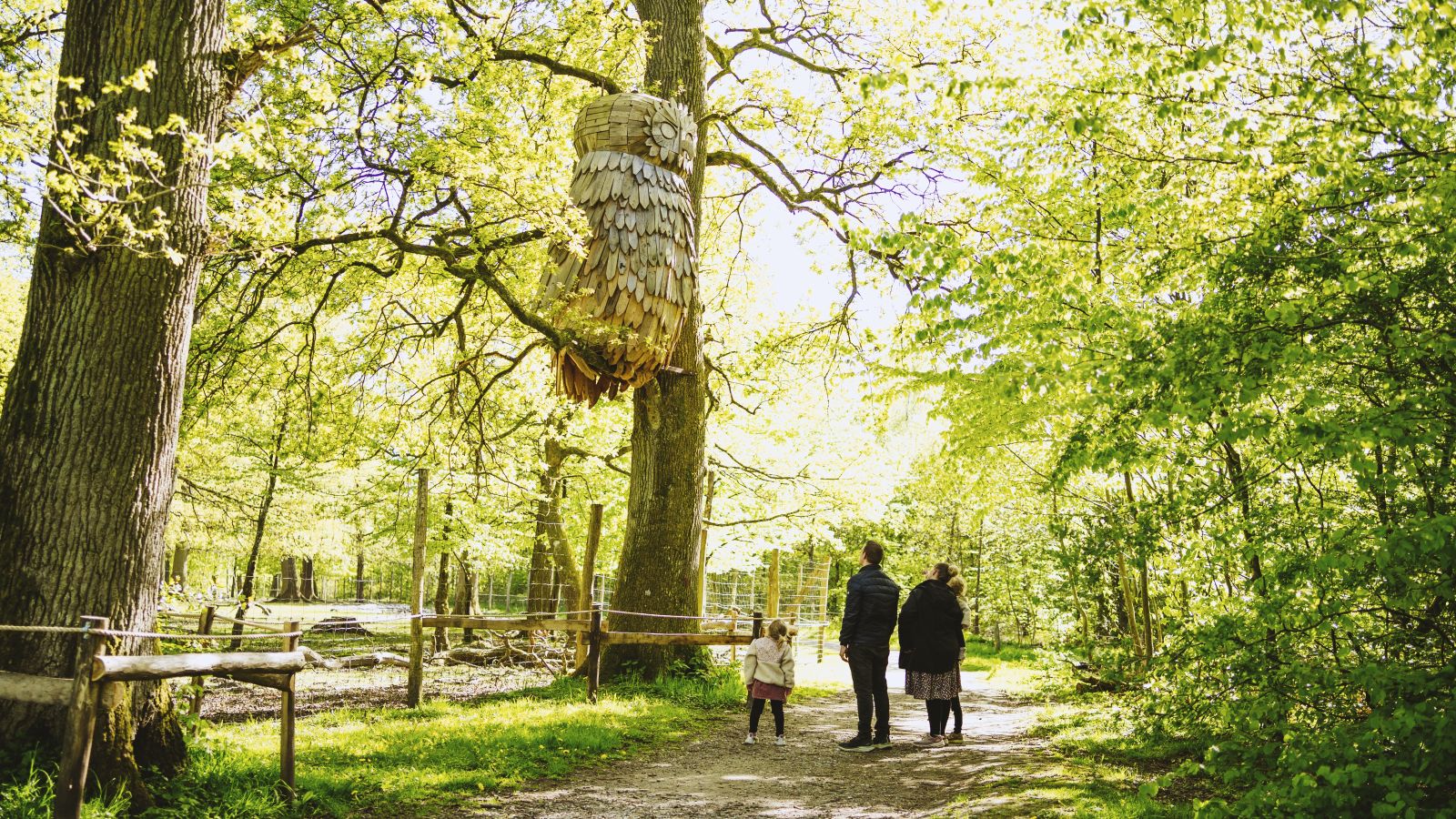 Family looking at a wooden owl sculpture in Fuglsang Skov