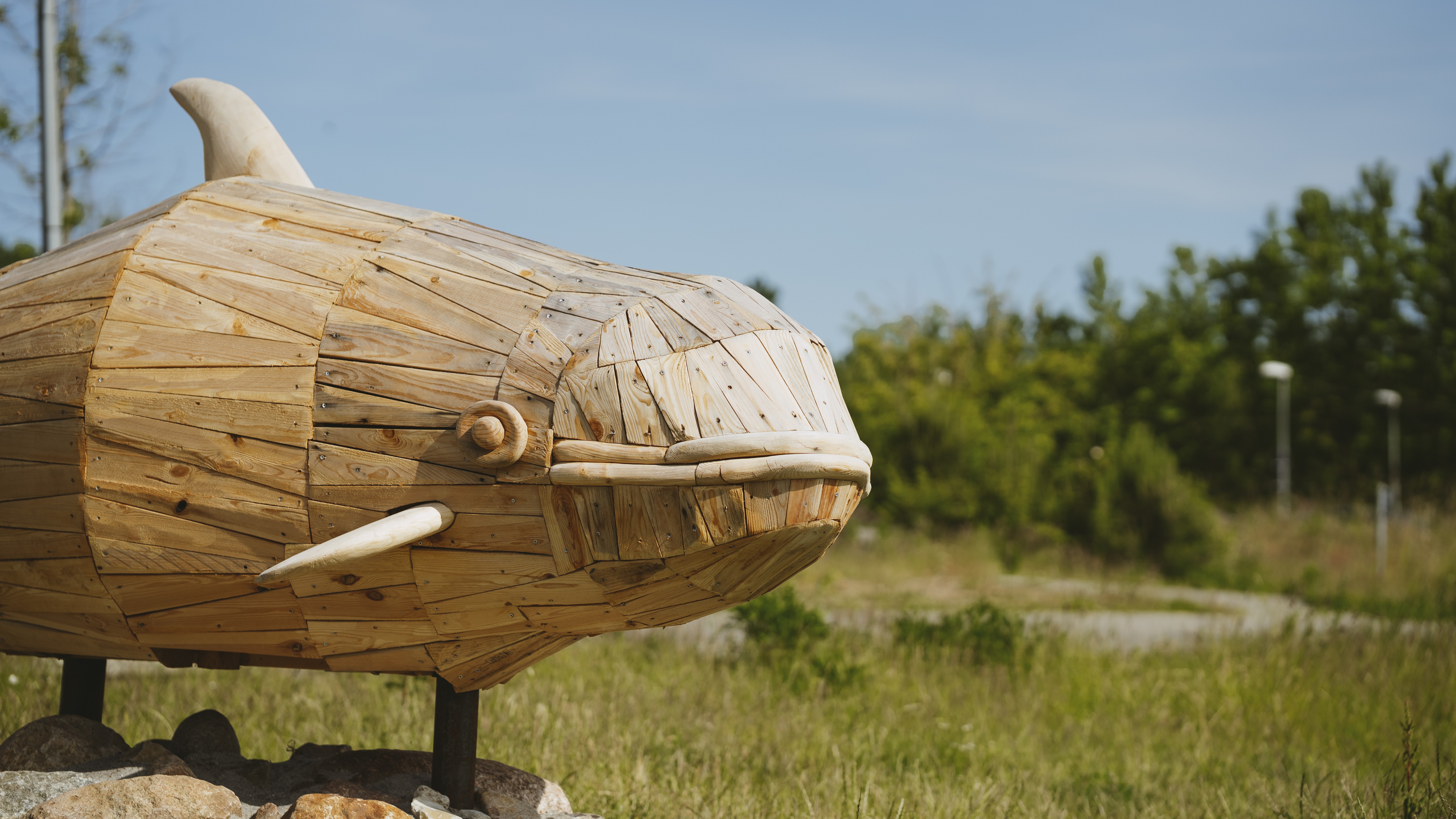 Die Holzskulptur des Schweinswals in Kanalbyen