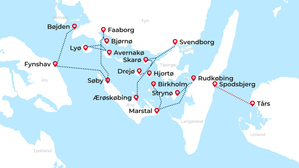 Kort over ø-hop i Det Sydfynske Øhav