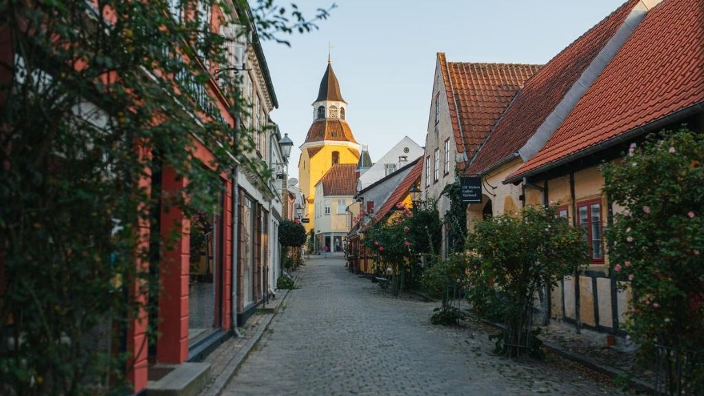 Brostensbelagt gade med gamle huse, stokroser og Faaborg Klokketårn i baggrunden.