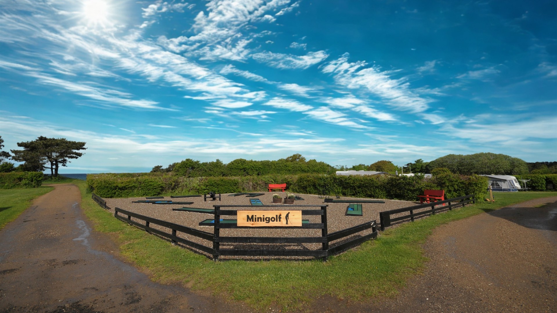 Mini golf course at Urhøj Camping with a view towards the Great Belt