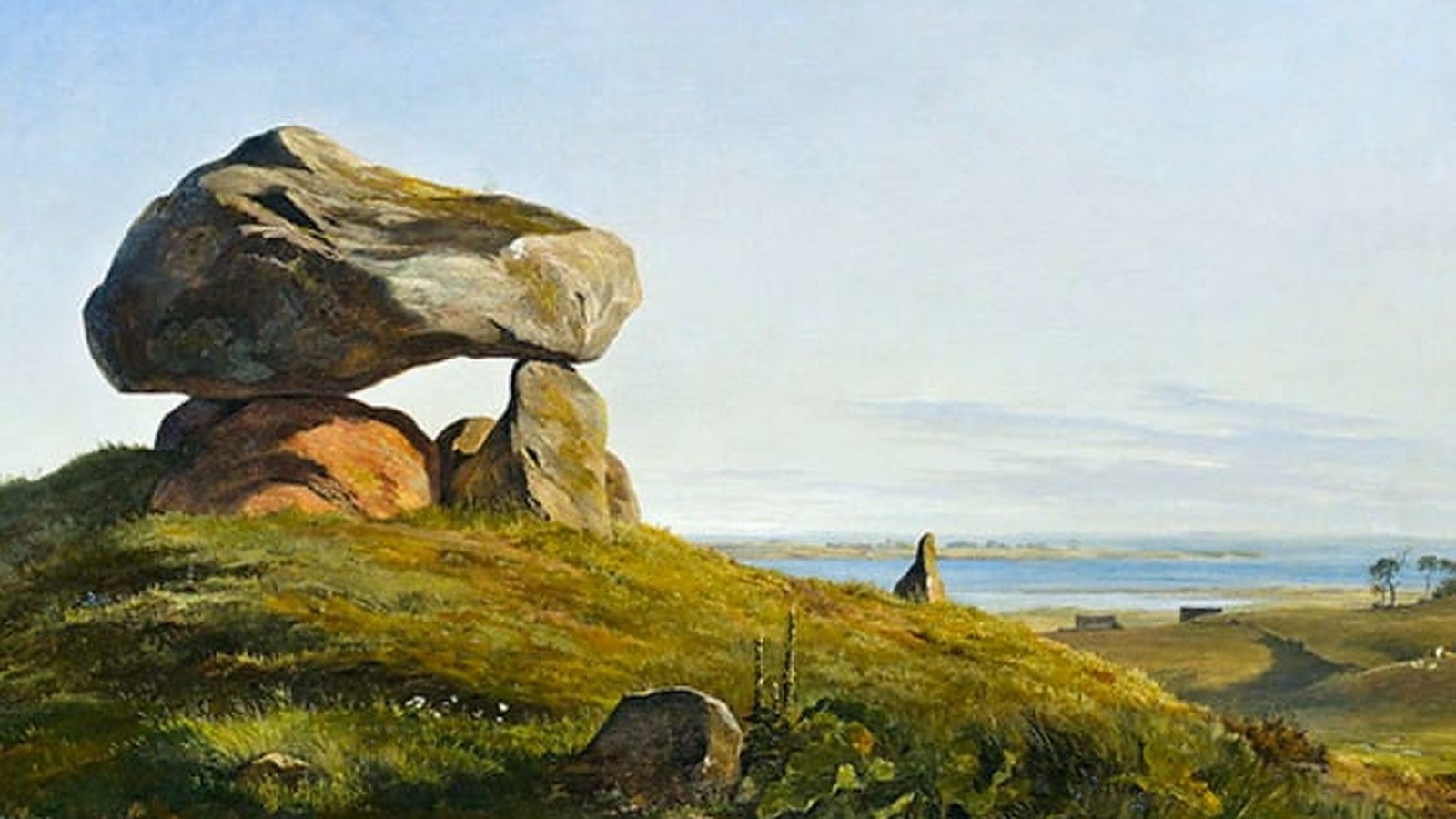 Painting by J.Th. Lundbye: a large dolmen on a grassy hill overlooking the fjord and landscape near Kalundborg