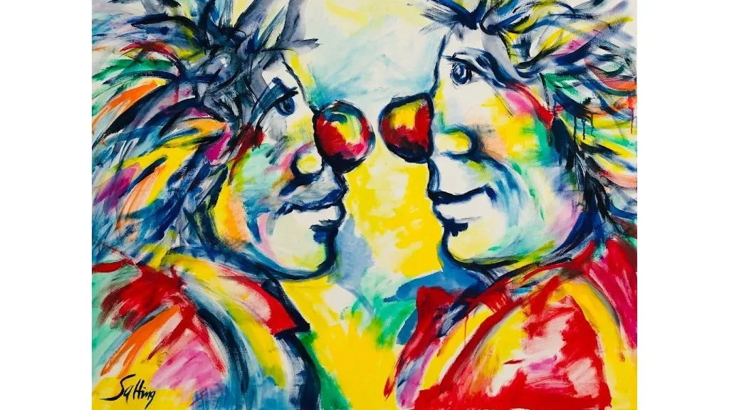 Painting of two clowns in profile. The clowns stand with their noses facing each other, and the painting is very colorful in warm, happy colors.