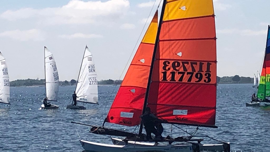 En optimistjolle på havet med orange sejl i forgrunden og optimistjoller med hvide sejl i baggrunden.