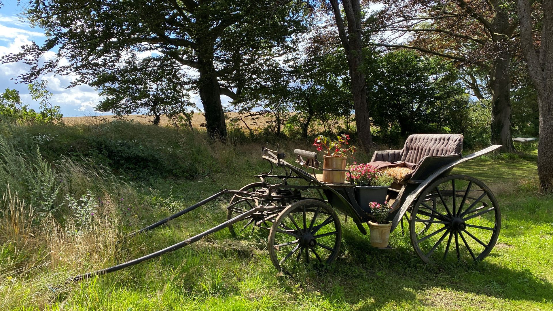 An old horse-drawn carriage that is a decoration at Fynshoved Café & Gårdbutik.