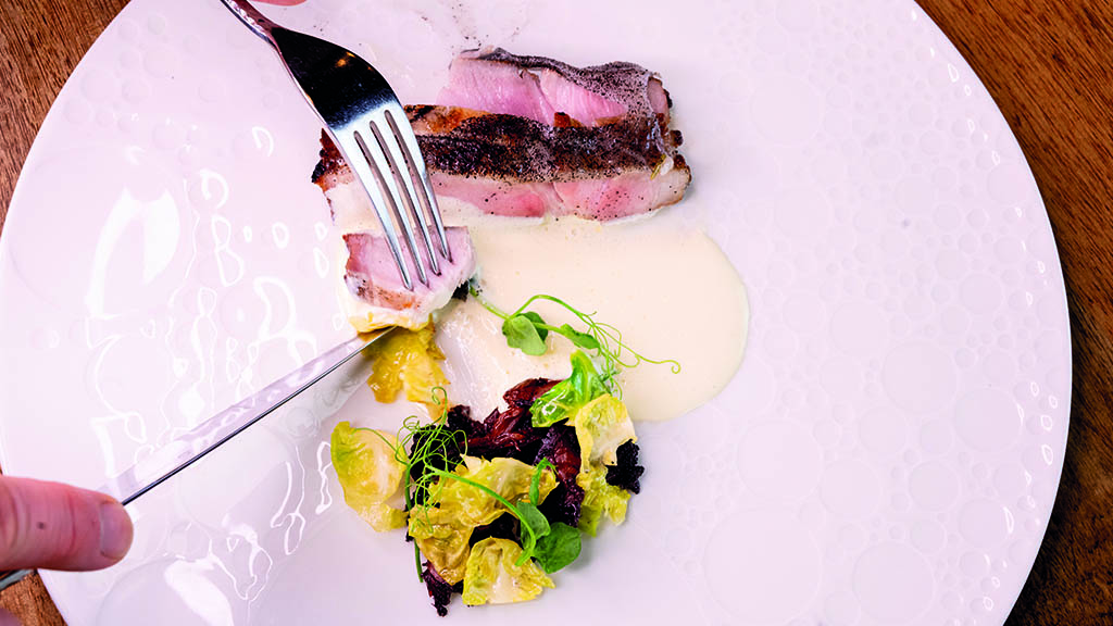 Hvid tallerken med en steak, salat og sauce. En person skærer i maden med kniv og gaffel