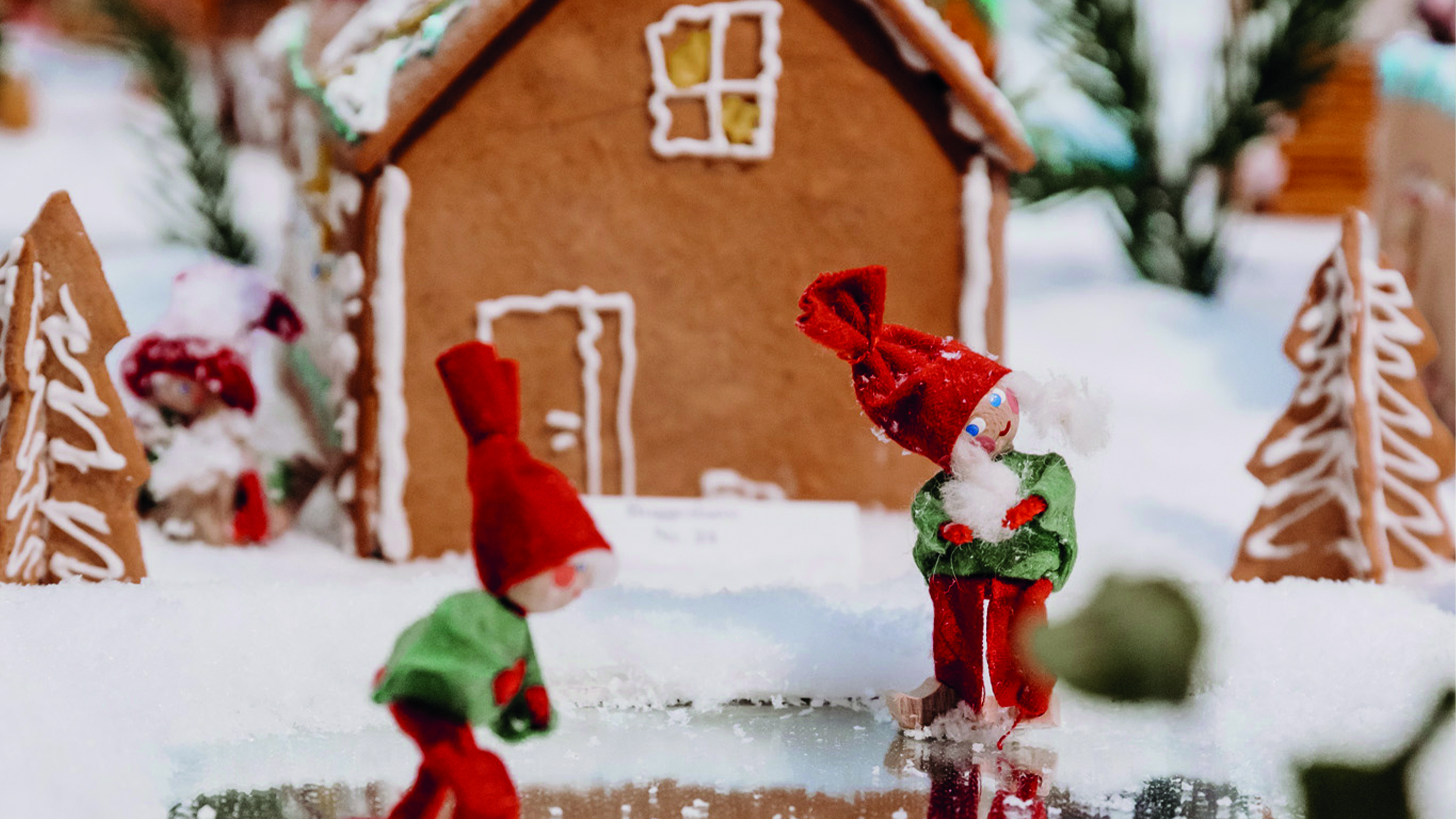 two elves in front of a gingerbread house