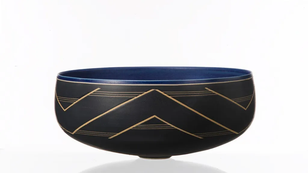 Wide, low bowl in black, yellow and blue colors