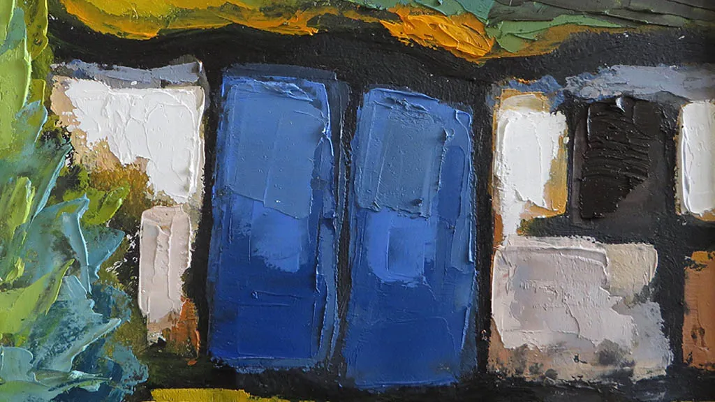 Maleri af blå dør på gammelt hus med skævt tag