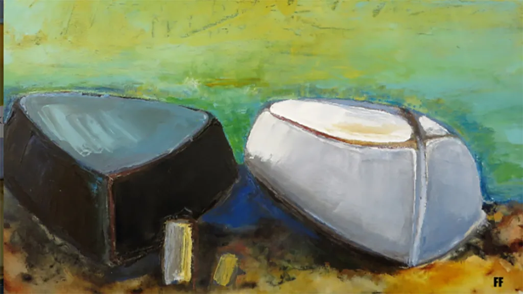 Painting of two dinghies with the bottom up