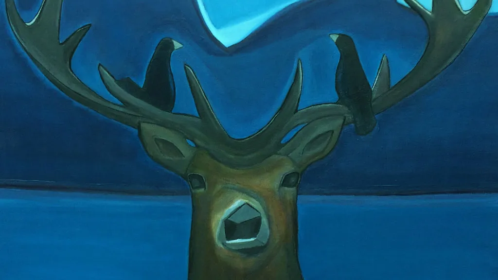 Painting of buck with big antlers with blue background