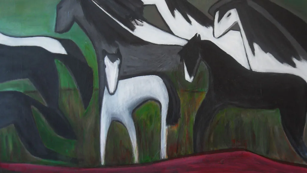Painting of black and white horses