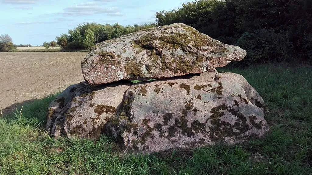 The dolmen in Stensby seen close up with lichen and moss on the stones