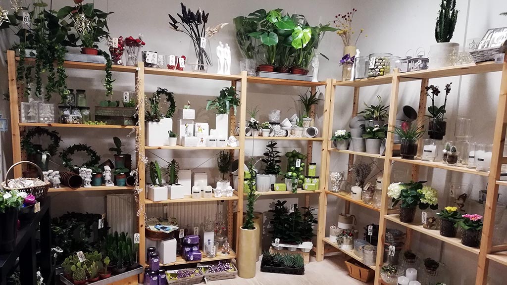 Blumen, Töpfe und andere Geschenkideen in den Regalen im Shop Blomster til Alt