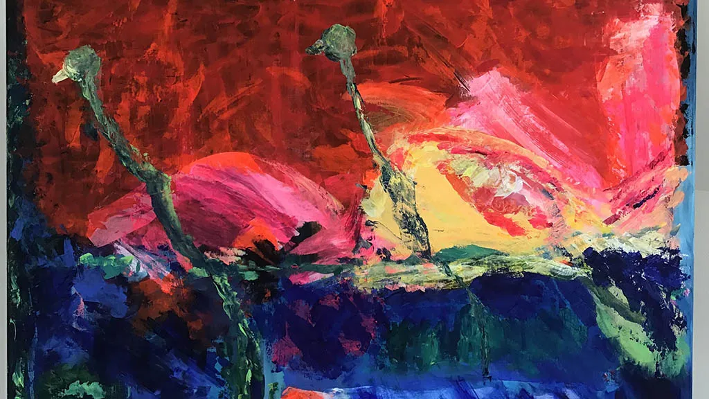 Abstract painting with red, pink and blue colors