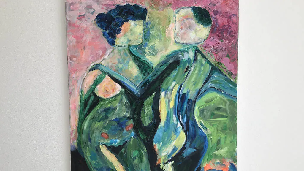 Painting of couple in lilac, blue and green colors