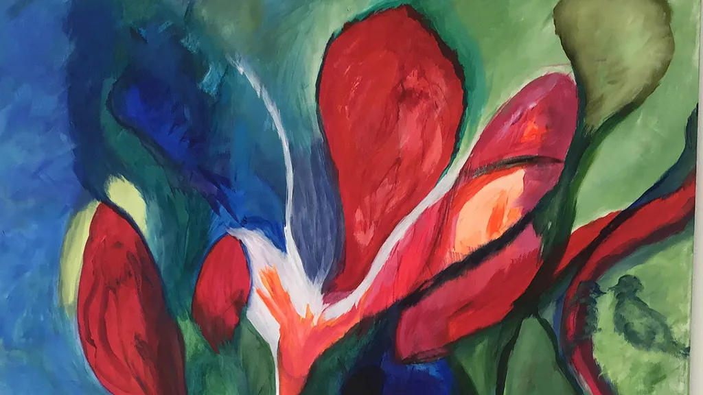 Painting of red flowers with green and blue background