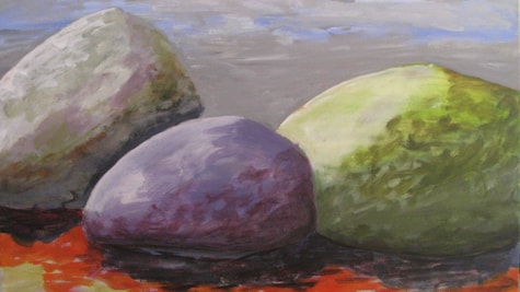 Maleri af sten i lilla, grå og grønne farver