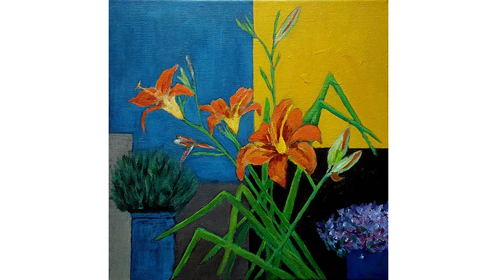 A painting of orange flowers