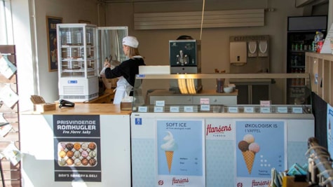 Морозиво, вафлі та ромові кульки в Butik Broholm у Богенсе