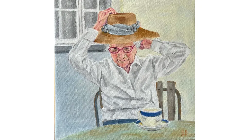 An elderly woman with a straw hat - painting