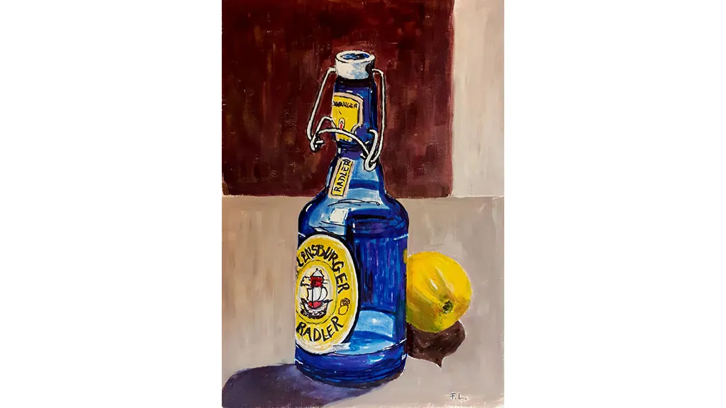 Painting of a lemon and a bottle of Flensburger Radler