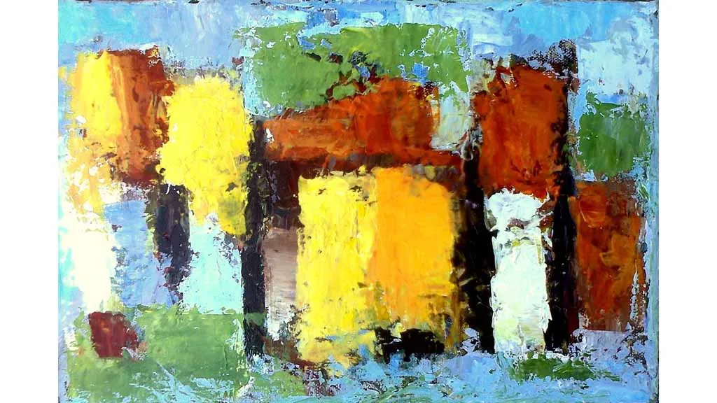 Abstract painting of house with yellow door