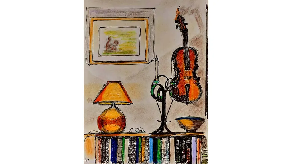 Drawing of bookshelf, lamp and violin