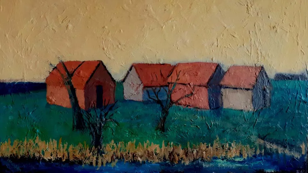 Painting of small houses on a small headland