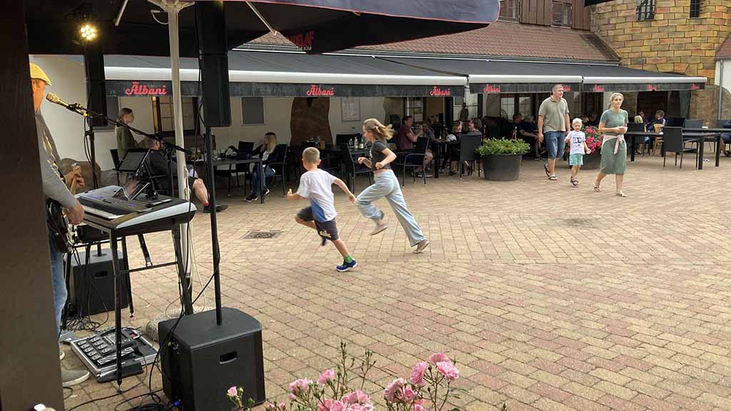 Music and games in the courtyard at First Camp Hasmark