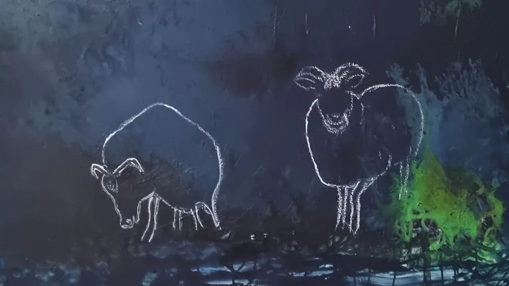 Drawing of goats on a dark blue background