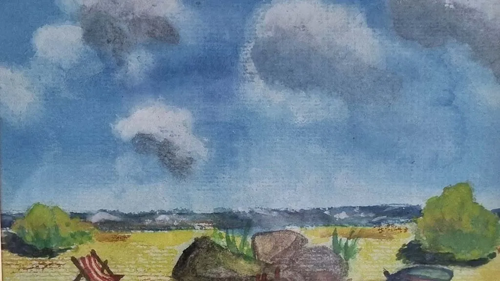 Painting of beach with sea and beach chairs