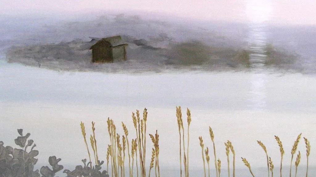 Painting of a house by the lake and reeds in gray and muted colors