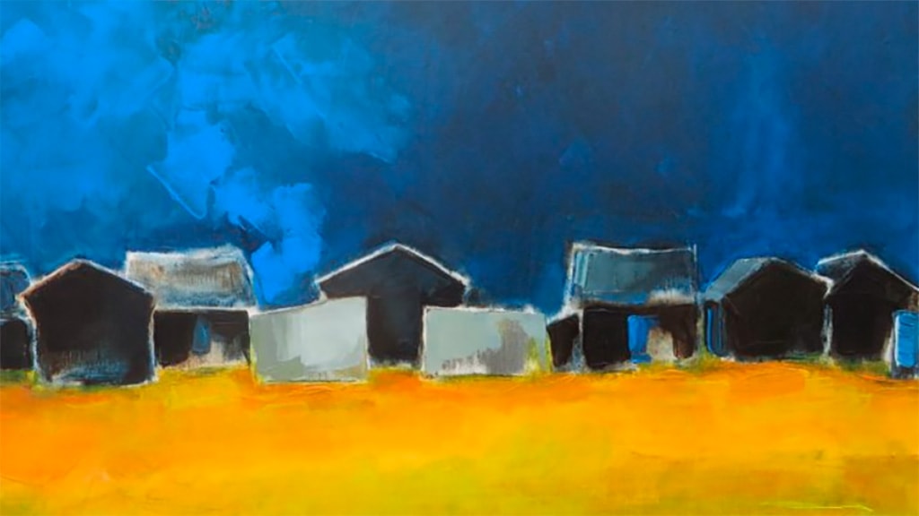 Maleri med blå himmel, gul jord og sorte huse