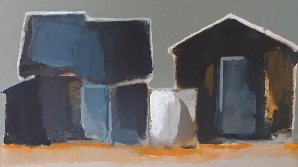 Maleri af huse i sorte og blå farver med beige-grå baggrund
