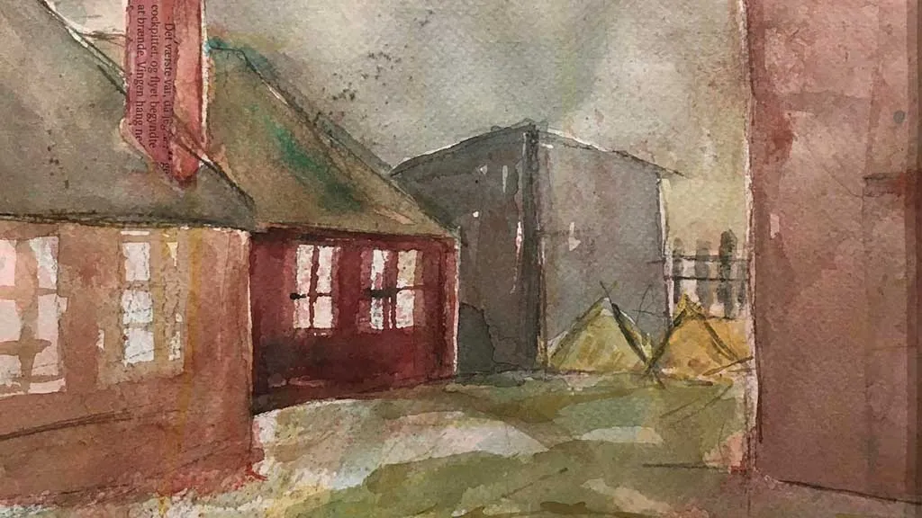 Painting of red houses and gray sky