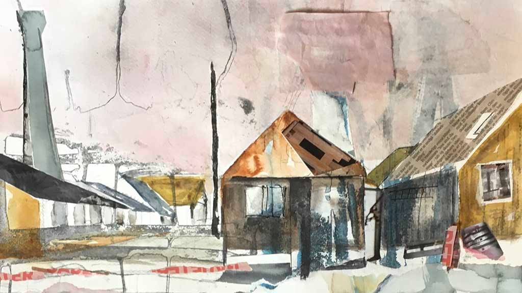Maleri af små gule huse og en stor grå skorsten