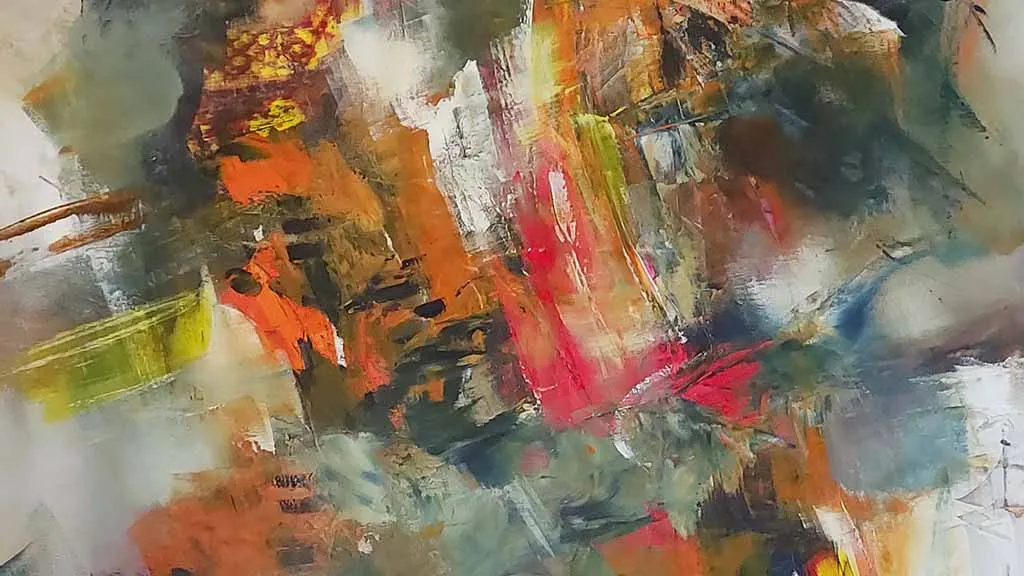 Abstract painting in shades of red, orange and gray by Berit Pedersen