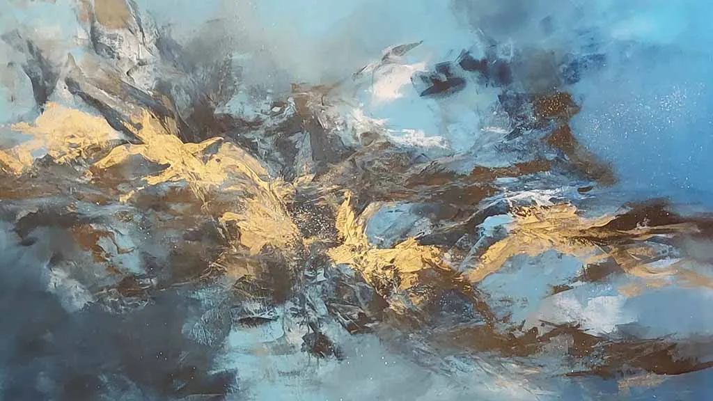 Abstract painting in yellow and blue colors by Berit Pedersen
